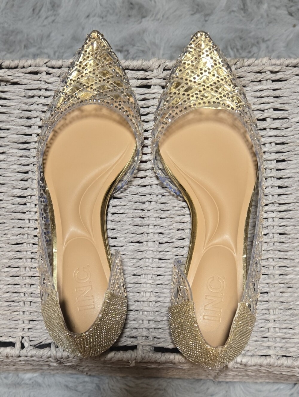 INC Arantza Pointed-Toe Metallic Gold Pointed D'Orsay Flats w/  Rhinestones